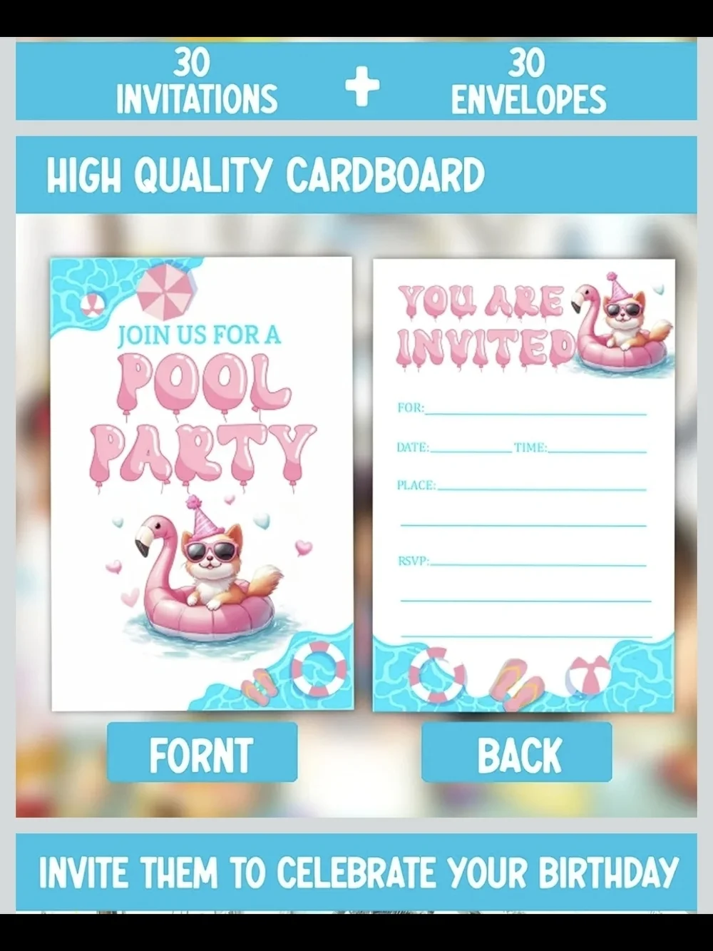 Pool Party 30 Cards & 30 Envelope Invitations Pink Flamingo Float & A Cat Summer